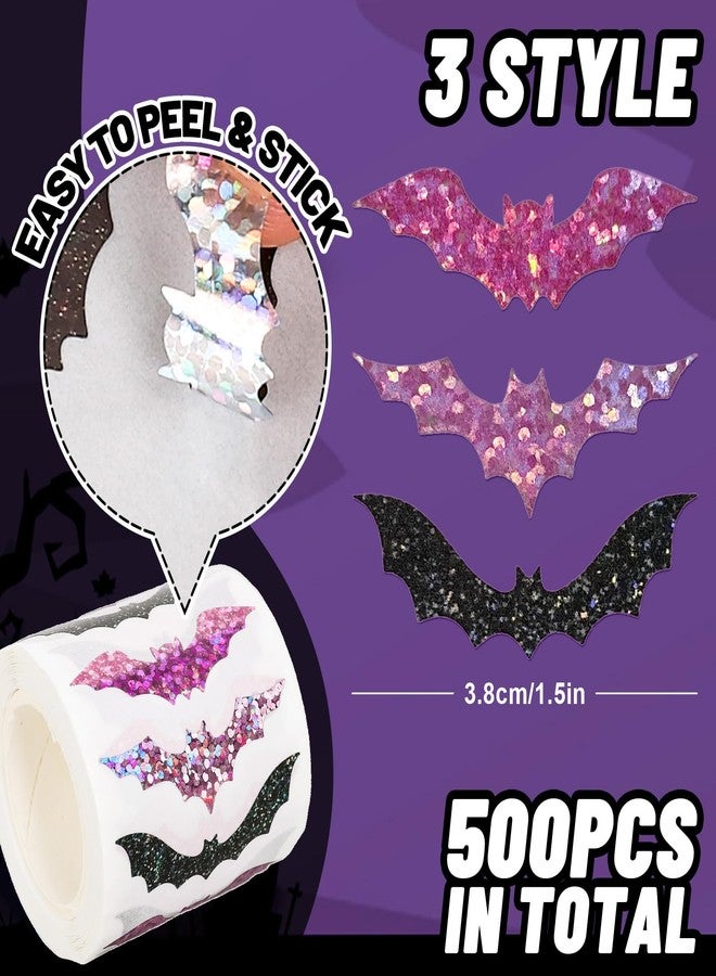 Whaline Halloween Bats Stickers Roll Laser Pink Black Bat Seal Stickers Sparkly Waterproof Self-Adhesive Decals for Envelope Journal Decor Party Supplies, 500Pcs - Image 2