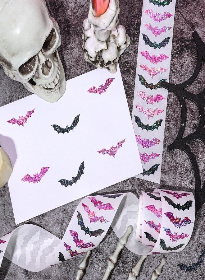 Whaline Halloween Bats Stickers Roll Laser Pink Black Bat Seal Stickers Sparkly Waterproof Self-Adhesive Decals for Envelope Journal Decor Party Supplies, 500Pcs - Image 3