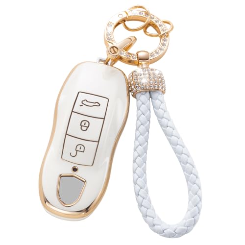 Gematay for Porsche Key Fob Cover with Keychain Lanyard Key Fob Protector Shell Compatible with Porsche Boxster Cayenne Panamera Cayman Macan Carrera 911 991 Keyless Entry Smart Key Case