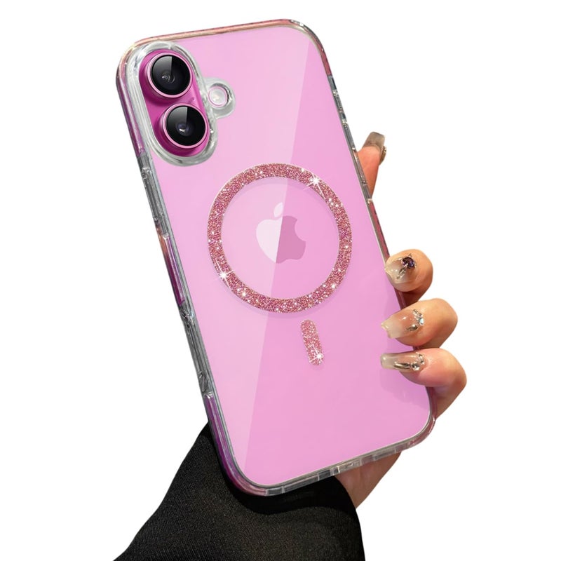 VONZEE Compatible for iPhone 16 6.1'' Back Case Glitter Ring Cute Shiny Colorful Bling Case (Compatible with Magsafe) Transparent PC+TPU Glossy Shiny Cover for Girls Women,Pink - Image 1