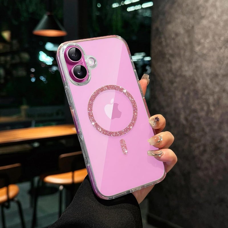 VONZEE Compatible for iPhone 16 6.1'' Back Case Glitter Ring Cute Shiny Colorful Bling Case (Compatible with Magsafe) Transparent PC+TPU Glossy Shiny Cover for Girls Women,Pink - Image 4