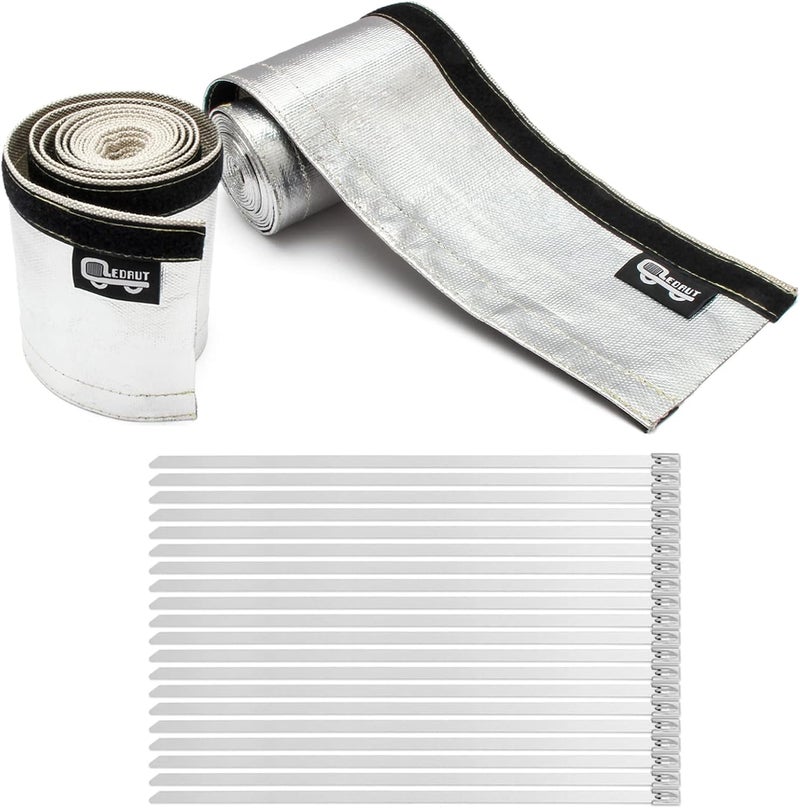 LEDAUT Heat Shroud Sleeve Aluminized 2 Pcs for Ultimate Heat Protection Hose Wire Shield 1-1/2''I.D. x 10FT, with 20 Pcs 7.8Inch Stainless Steel Cable Metal Zip Ties - Image 1
