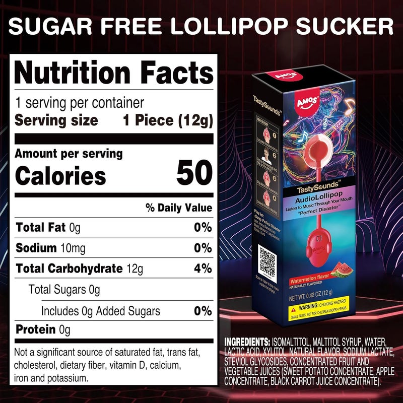 AMOS TastySounds Audio Lollipop - Watermelon Flavor, Sugar-Free Singing Candy - Image 2