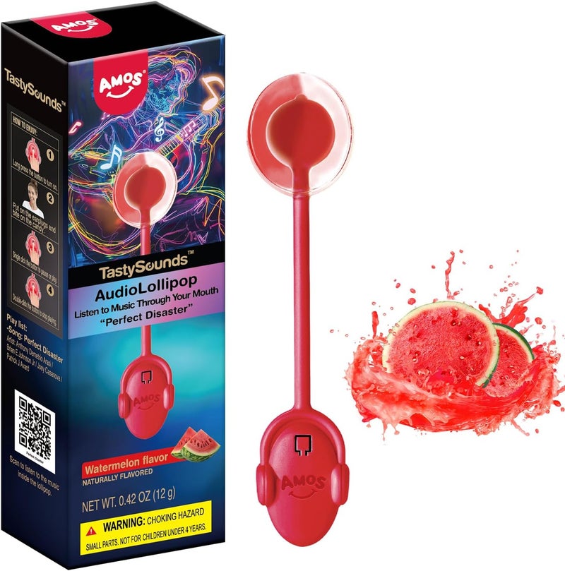 AMOS TastySounds Audio Lollipop - Watermelon Flavor, Sugar-Free Singing Candy - Image 1