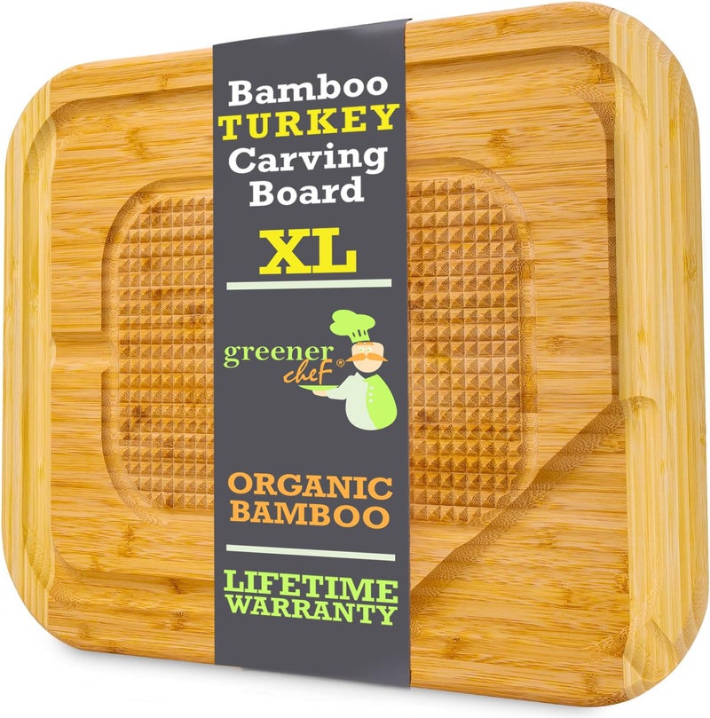 GREENER CHEF 18 Inch Extra Large Organic Turkey Carving Board with Lifetime Replacements  XL Wooden Butcher Block Meat Cutting Board with Pour Spout