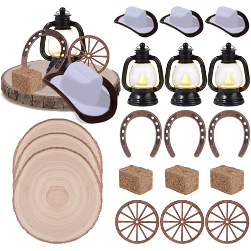 Wayyogh 18PCS Western Party Decorations Mini Lantern with LED Candle Cowboy Hat Hay Bales Wagon Wheel Crafts Wooden Plate Horseshoe Table Centerpieces Supplies for Western Birthday Wedding Party Favors Decor - Image 1