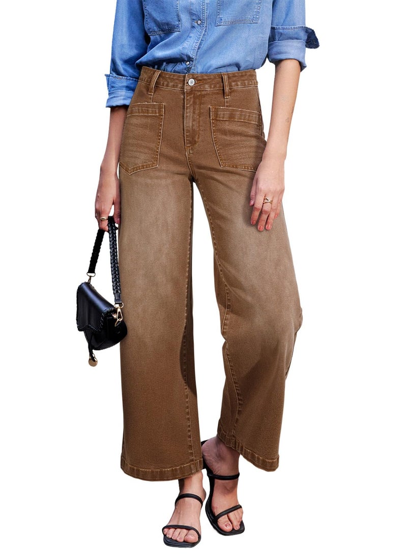 Sidefeel Women's Wide Leg Jeans High Waisted Straight Leg Stretchy Trendy Loose Zimbaplatinum Ankle Denim Pants Brown Size 12 - Image 1
