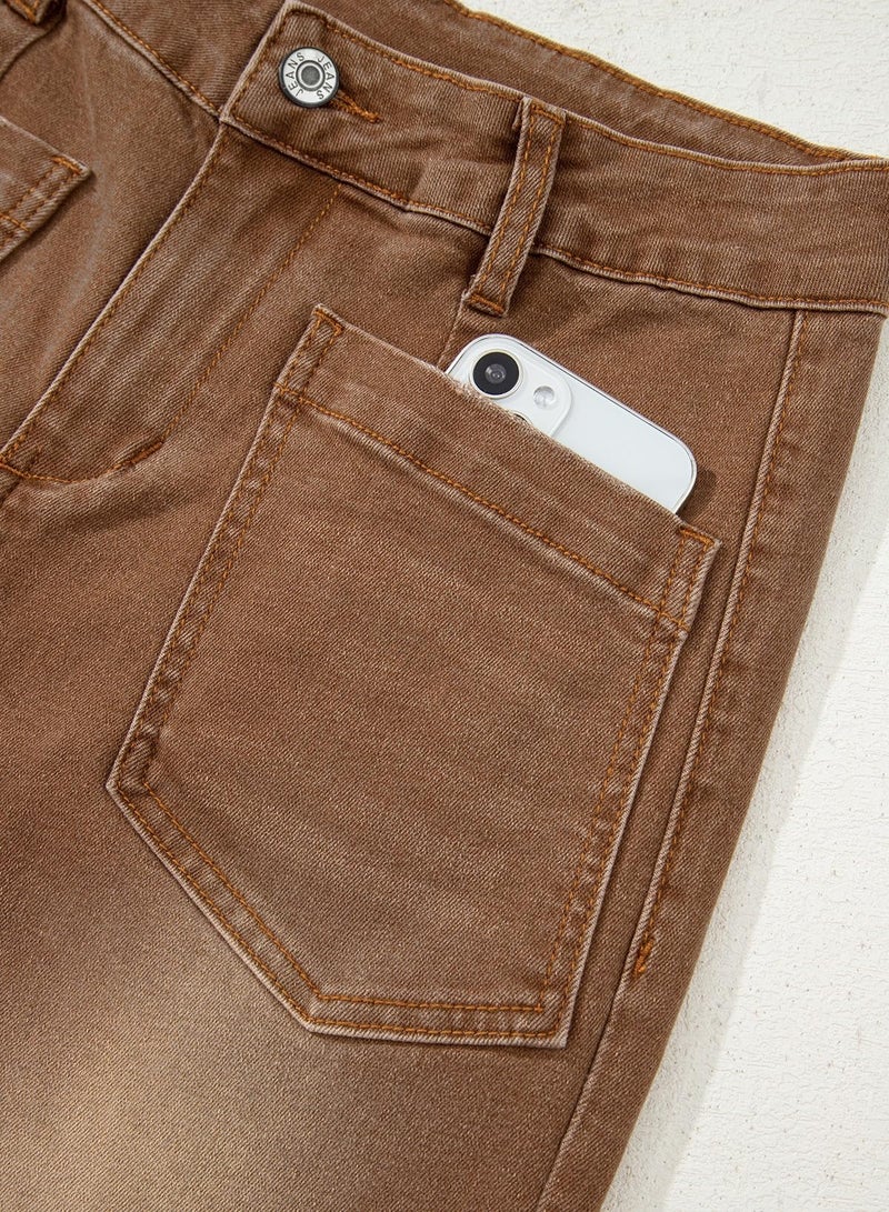 Sidefeel Women's Wide Leg Jeans High Waisted Straight Leg Stretchy Trendy Loose Zimbaplatinum Ankle Denim Pants Brown Size 12 - Image 5