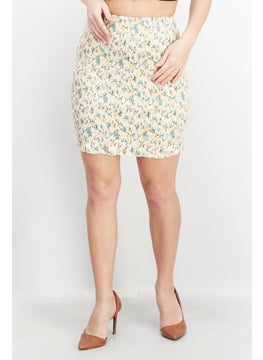 Love Triangle Women Shirred Allover Print Mini Skirt, Yellow Combo  - Image 1