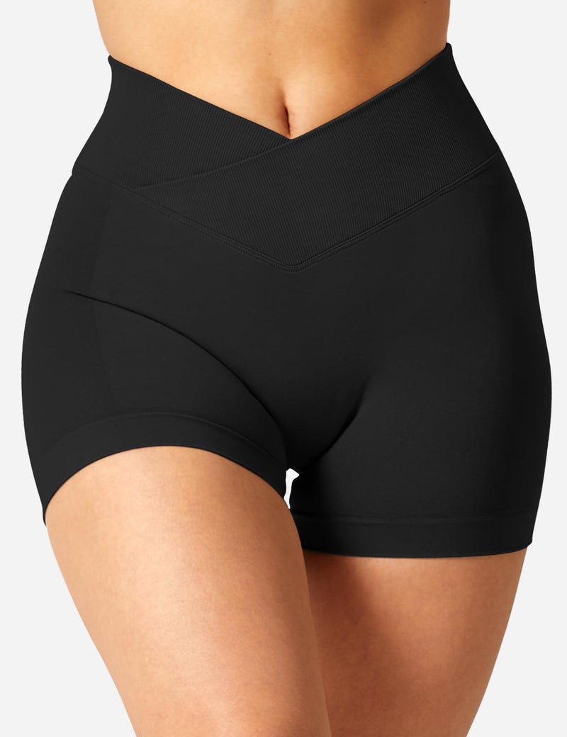 YEOREO Scrunch Workout Shorts Women Butt Lifting 3.5" Seamless V Cross Waist Amplify Shorts Buttery Soft Gym Shorts Black Small - Image 5