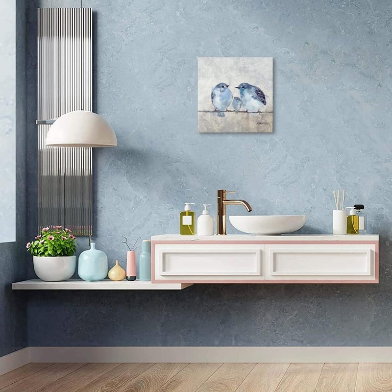 Woxfcart Bathroom Bird Decor Wall Art, Blue and Gray Wall Picture, Bluebird Artwork on Canvas for Kids Room 13.5x13.5 - Image 3