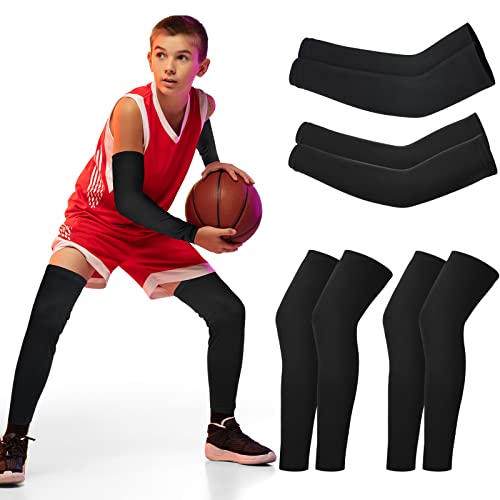 Geyoga 4 Pairs Kids Leg Sleeves Compression and Arm Sleeves Youth Leg and Arm Wraps for Cycling Basketball Sports(Large,Black) - Image 1