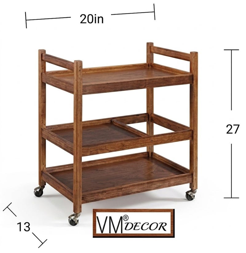 VM DECOR Wooden Wine cart Serving bar Trolley with Wheel Black Finish (20×13×27 inches, Brown) - Image 5