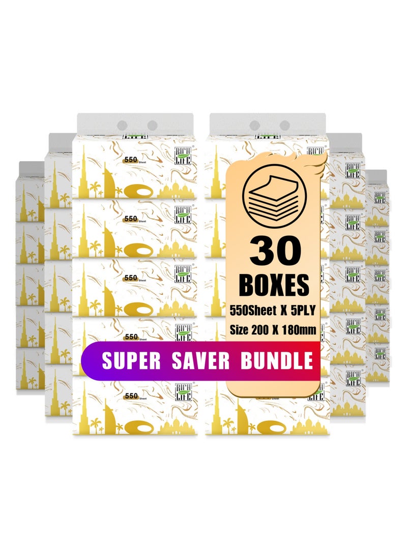 Rich Life Facial Tissue - Premium Quality 5-Ply - 550 Sheets | 30 Value Packs | Soft, Durable & Moisture Proof | 100% Raw Wood Pulp - Ideal for Wet & Dry | Available in 5 to 40 Packs  - Image 1