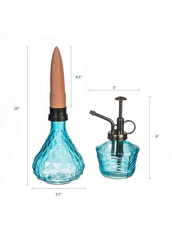 Topadorn Glass Mini Watering Can Vintage Plant Mister Flower Water Spray Bottles and Faceted Glass Plant Watering Globe with Terracotta Spike, Plant Watering Gift Set,Green - Image 2