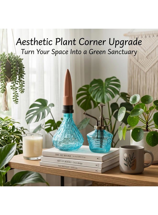 Topadorn Glass Mini Watering Can Vintage Plant Mister Flower Water Spray Bottles and Faceted Glass Plant Watering Globe with Terracotta Spike, Plant Watering Gift Set,Green - Image 3