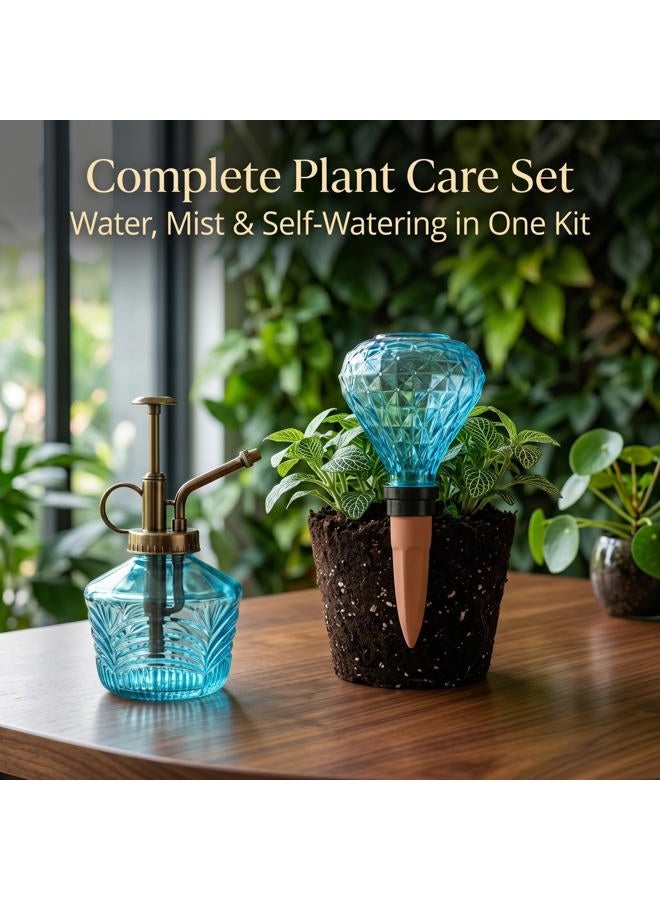 Topadorn Glass Mini Watering Can Vintage Plant Mister Flower Water Spray Bottles and Faceted Glass Plant Watering Globe with Terracotta Spike, Plant Watering Gift Set,Green - Image 5