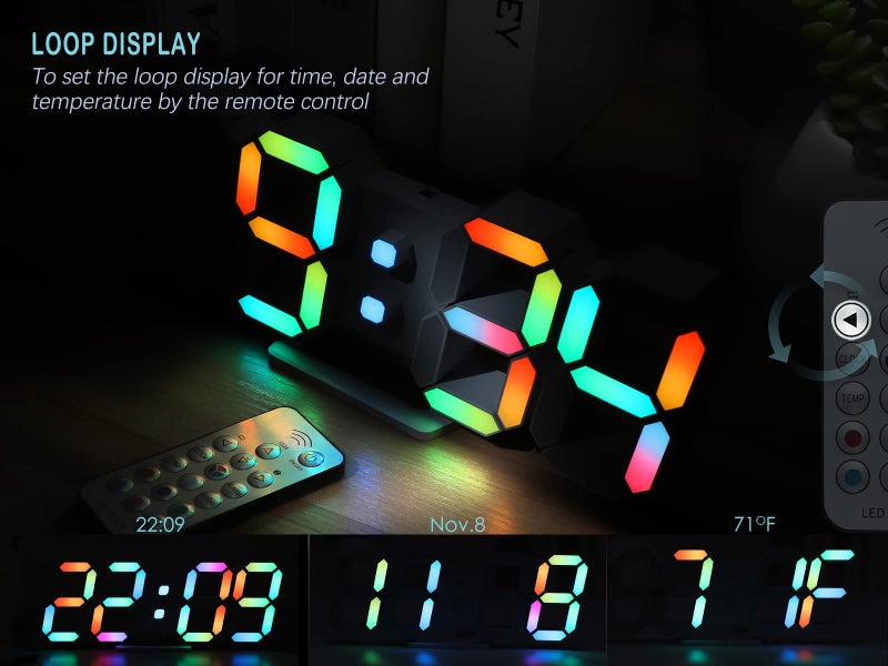 KOSUMOSU ساعة حائط كوسوموسو نيون رقمية 3D ساعة مكتب LED عرض كبير 9.7" ساعة منبه لغرفة النوم وغرفة المعيشة، تحكم عن بعد، خافتة السطوع، تاريخ، درجة حرارة - Image 5