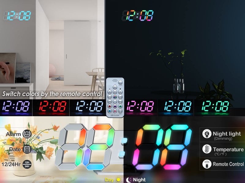 KOSUMOSU ساعة حائط كوسوموسو نيون رقمية 3D ساعة مكتب LED عرض كبير 9.7" ساعة منبه لغرفة النوم وغرفة المعيشة، تحكم عن بعد، خافتة السطوع، تاريخ، درجة حرارة - Image 2