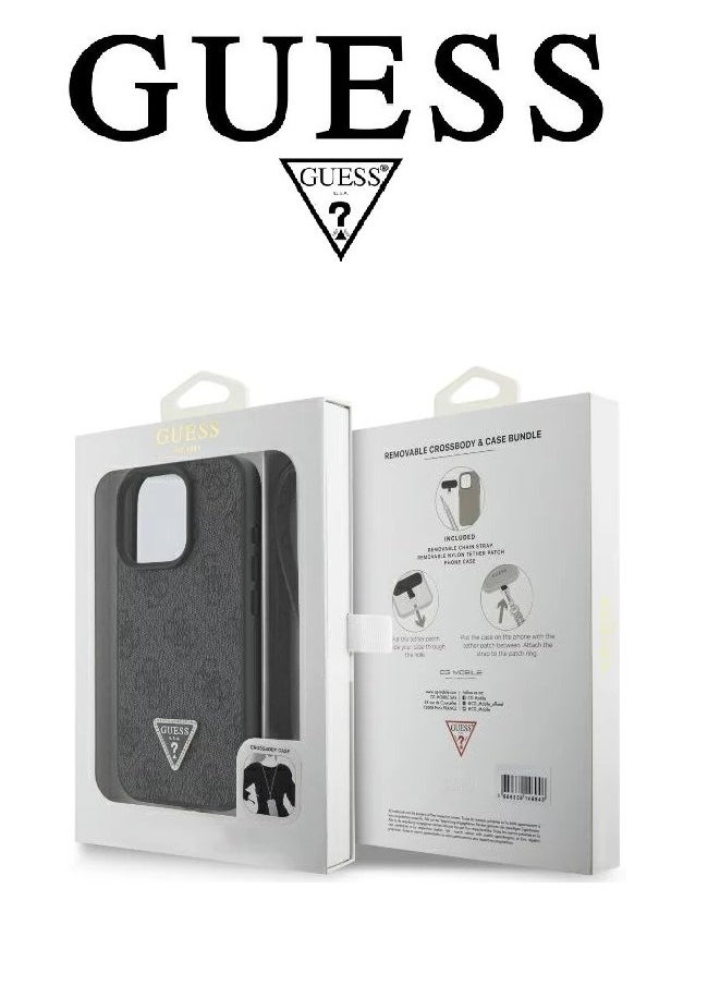 IPhone 16 Pro cover with a strap, with a logo and a leather design approved by the global brand Guess. From CG-MOBILE. In Black