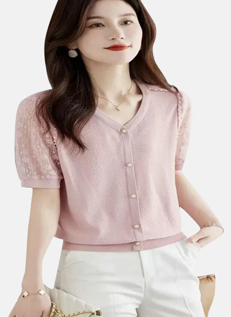 YUNIQEE Pink Solid Short Sleeve Henley T-Shirt