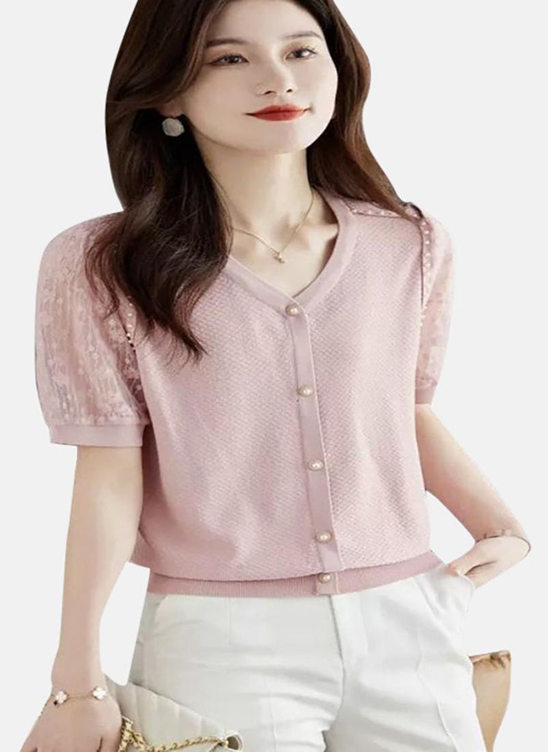 يونيكي Pink Solid Short Sleeve Henley T-Shirt - Image 3