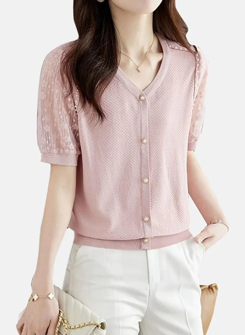 YUNIQEE Pink Solid Short Sleeve Henley T-Shirt