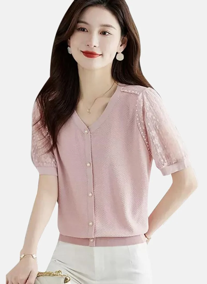 YUNIQEE Pink Solid Short Sleeve Henley T-Shirt