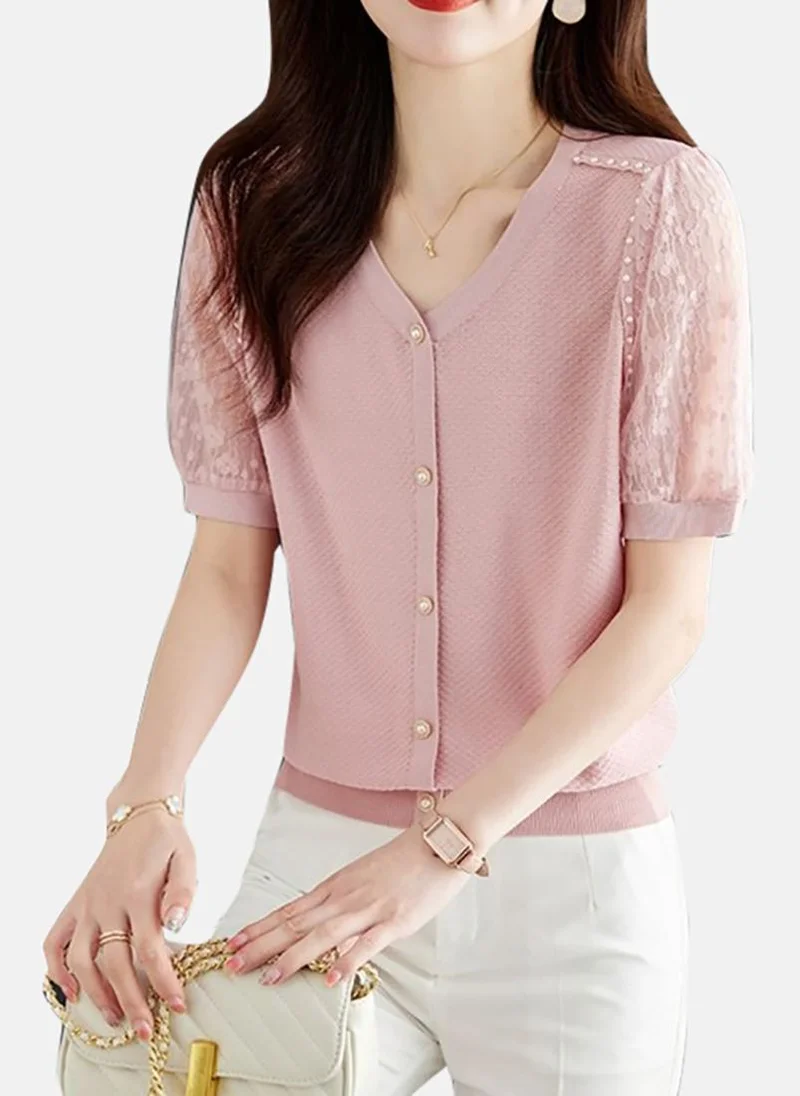 YUNIQEE Pink Solid Short Sleeve Henley T-Shirt