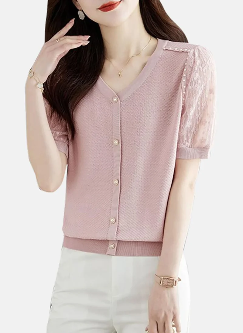 YUNIQEE Pink Solid Short Sleeve Henley T-Shirt