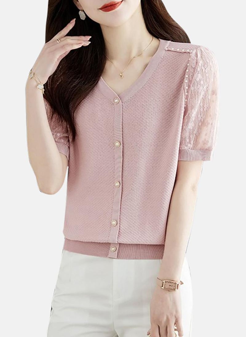 يونيكي Pink Solid Short Sleeve Henley T-Shirt - Image 4