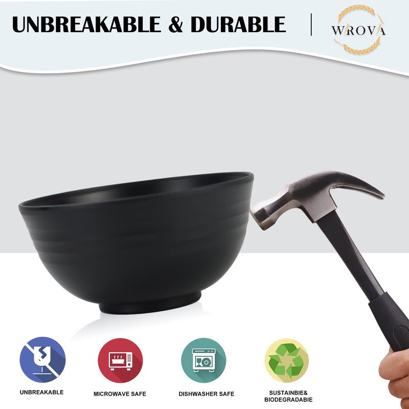 Wrova Wheat Straw Bowl Sets,8 PCS Unbreakable Cereal Bowls 26 OZ,Microwave and Dishwasher Safe Bowls,Alternative Plastic Bowl Reusable for cereal,salad,snack and soup (Pure Black) - Image 4