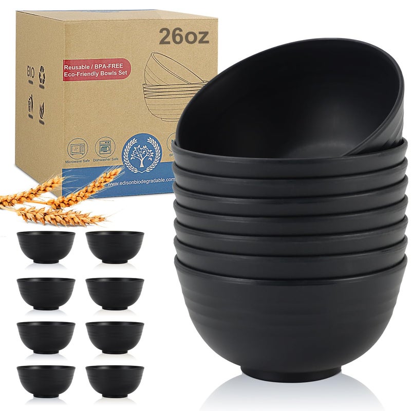 Wrova Wheat Straw Bowl Sets,8 PCS Unbreakable Cereal Bowls 26 OZ,Microwave and Dishwasher Safe Bowls,Alternative Plastic Bowl Reusable for cereal,salad,snack and soup (Pure Black) - Image 1