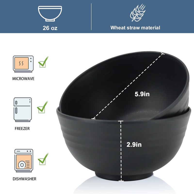 Wrova Wheat Straw Bowl Sets,8 PCS Unbreakable Cereal Bowls 26 OZ,Microwave and Dishwasher Safe Bowls,Alternative Plastic Bowl Reusable for cereal,salad,snack and soup (Pure Black) - Image 2