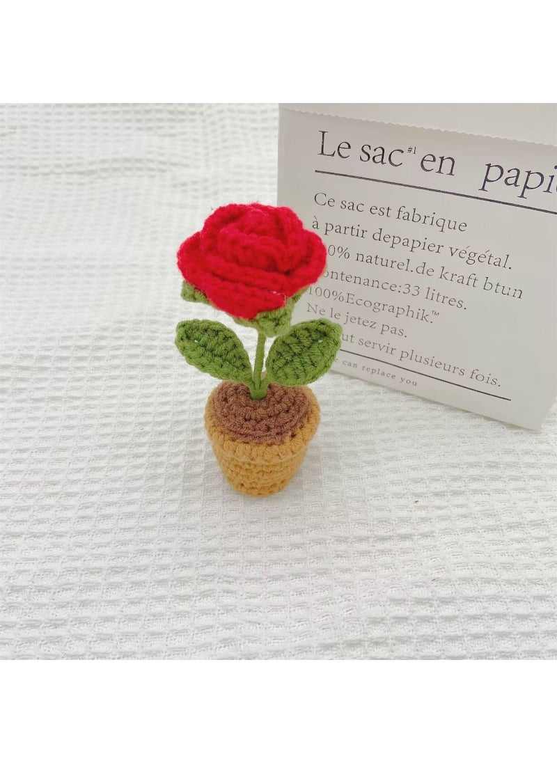 Generic diy hand-woven mini potted flower rose crochet homemade Tulip office decoration wool finished product Red roses small potted products 