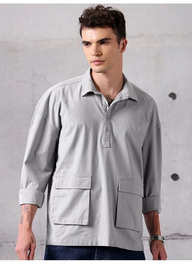 بيونغ Light Grey Oversized Urban Shirt for Men