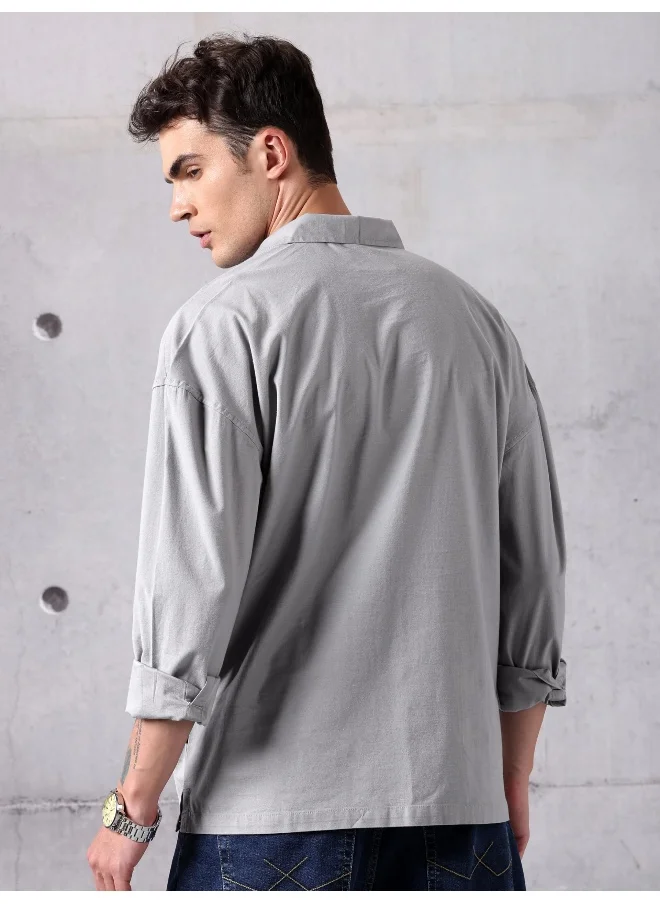 Beyoung Light Grey Oversized Urban Shirt for Men