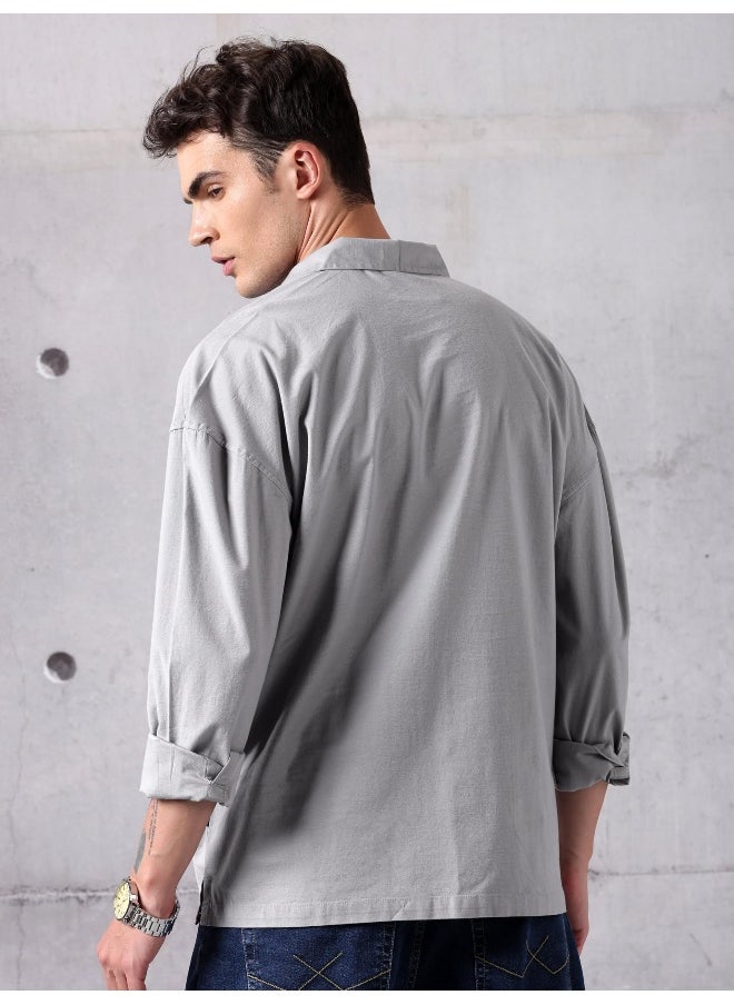Beyoung Light Grey Oversized Urban Shirt for Men  - Image 3