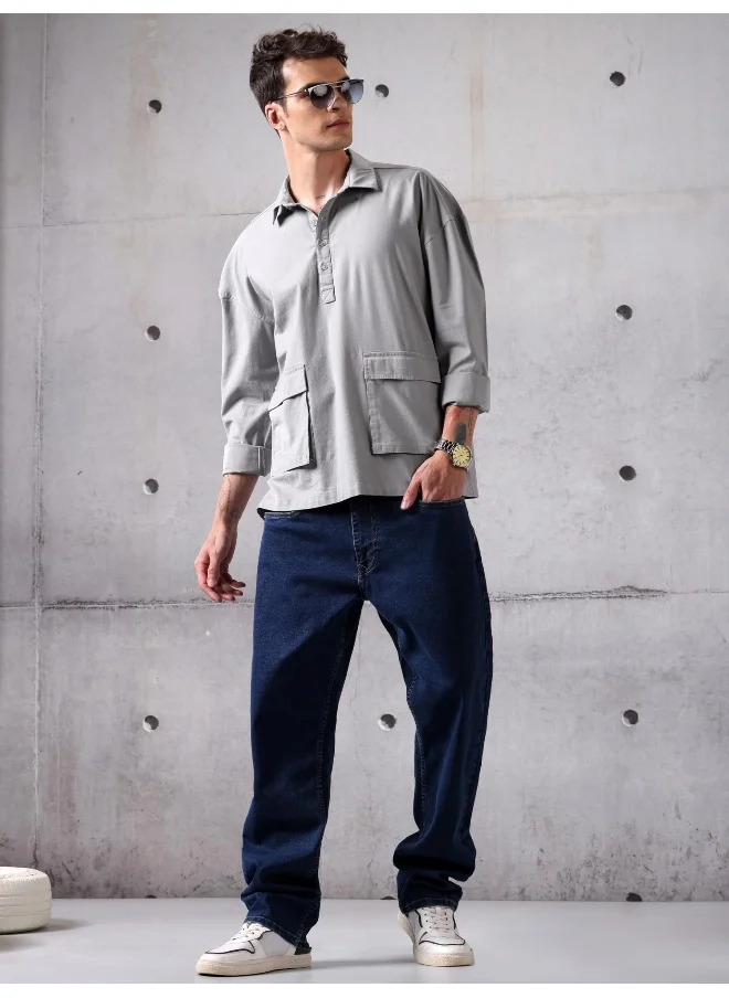 Beyoung Light Grey Oversized Urban Shirt for Men