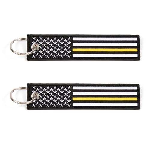 Great 1 Thin Gold Line American Flag Keychain Tag with Key Ring & Carabiner 2-Pack - Emergency Dispatcher/Tow Truck Driver/Security Guard - Image 1