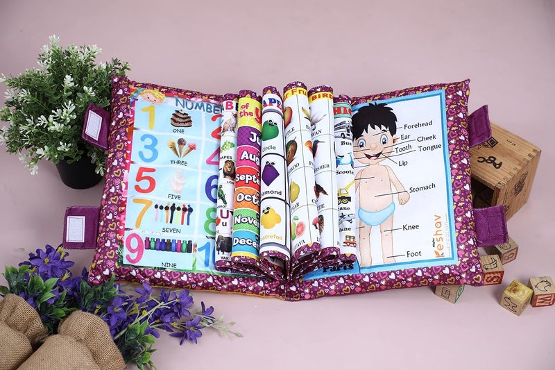 Keshav Creation Learning Cushion Pillow Book Kids with English | Alphabet, Numbers, Animal Names | Kids Learning Toys (Purple) - Image 1