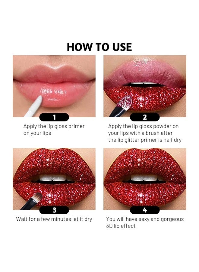 3 Colors Glitter Lip Kit, Diamond and Glitter Metallic Lip Powder with Lip Primer, Waterproof Long Lasting & Smudge Proof, Upgrade Version Glitter Lip Cosmetic without Sticky Flake Off Set A