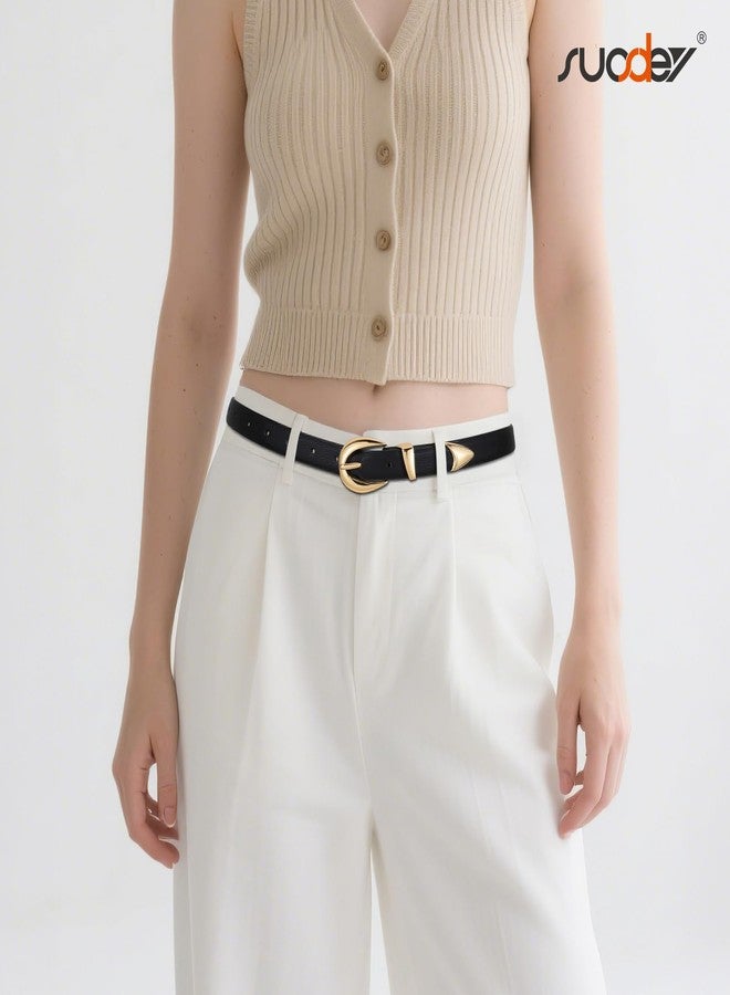 سوزدي حزام نسائي أسود رفيع من الجلد من SUOSDEY، مناسب للجينز والفساتين والسراويل، حزام نسائي رفيع الخصر بإبزيم ذهبي 0.8 بوصة - Image 3