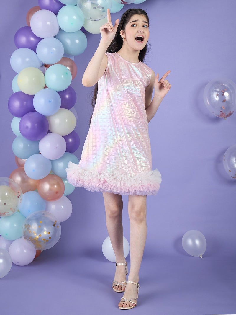 Cherry & Jerry Girl A-Line Pink Holographic Knee Length Dress - Image 1