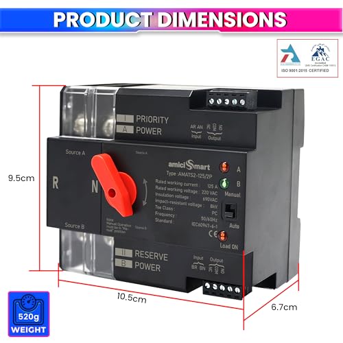 amiciSmart Dual Power Automatic Control Transfer Switch 230VAC, 125A Changeover Switch (Single Phase) - Image 2