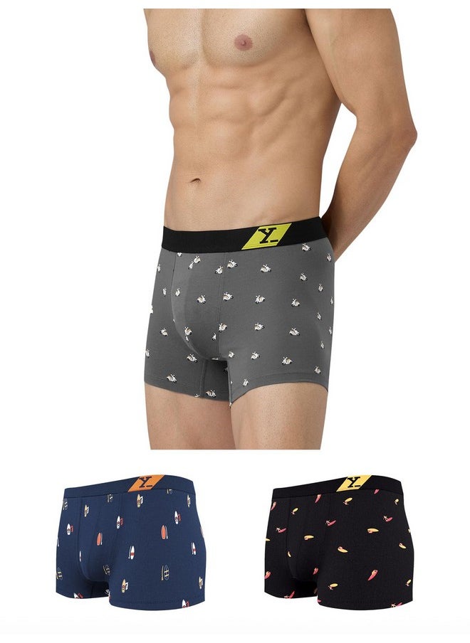 XYXX XYXX Men's Pure Cotton Regular Printed Trunk (Pack of 3) (XY_CR6_TRNK1_02_03_Vespa Grey+Surfer Black+Surfboard Blue_L)  - Image 1