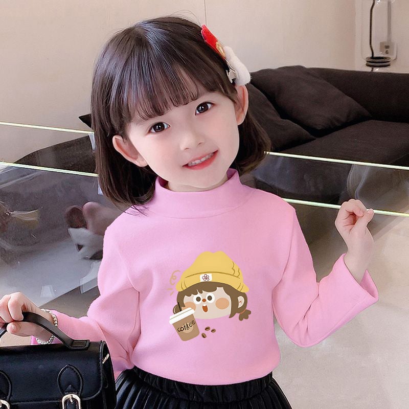 Girls' Semi-High Collar Velvet Casual Long-Sleeved T-Shirt Autumn New Arrival Medium And Large Children'S Wear Cartoon Printed Western Style Girls' Trendy T-Shirt - Image 1