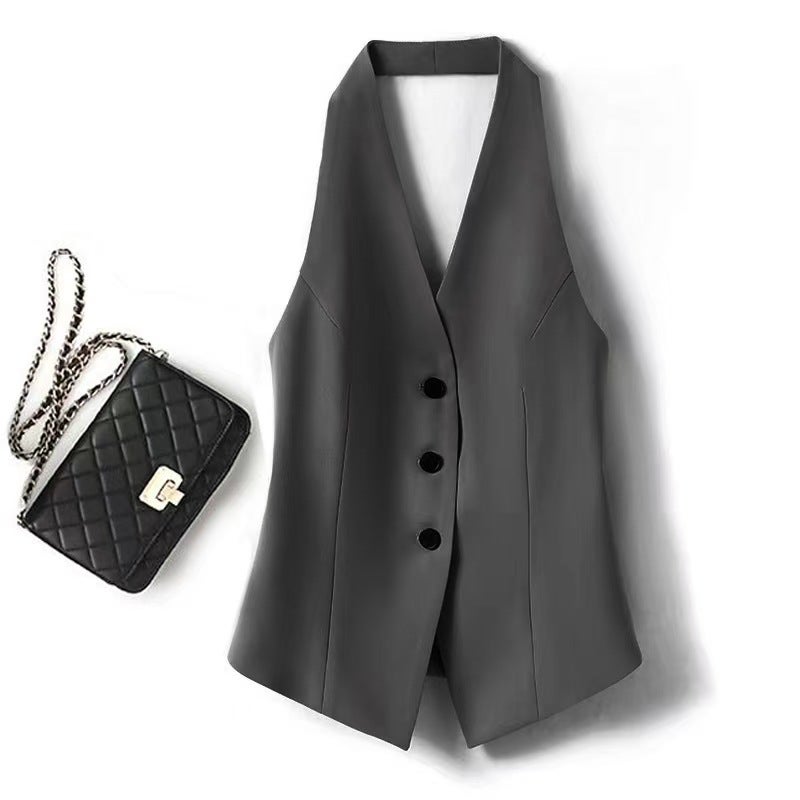 Black Halterneck V Neck Suit Vest Design Short Backless Classy Elegant Top Outer Wear Small Waistcoat - Image 1