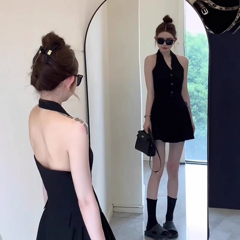 Black Halterneck V Neck Suit Vest Design Short Backless Classy Elegant Top Outer Wear Small Waistcoat - Image 2