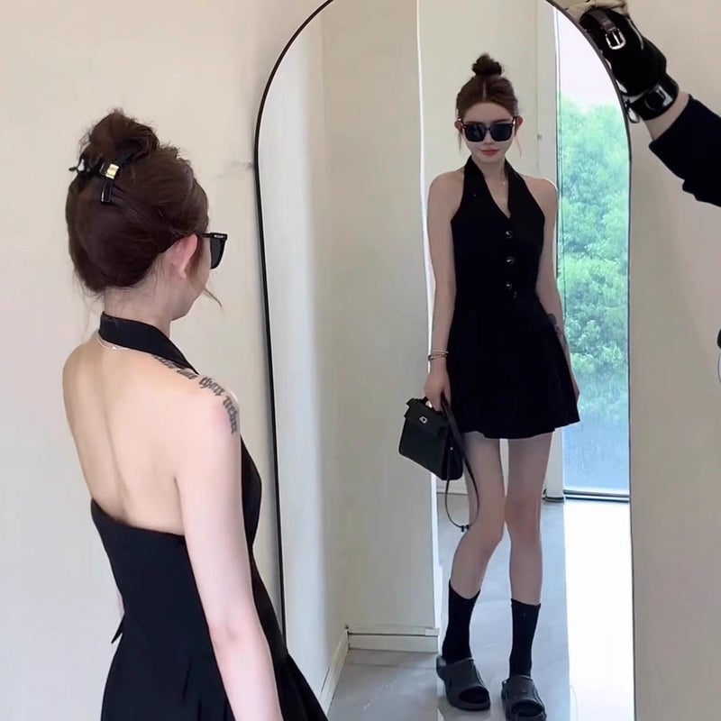 Black Halterneck V Neck Suit Vest Design Short Backless Classy Elegant Top Outer Wear Small Waistcoat - Image 5
